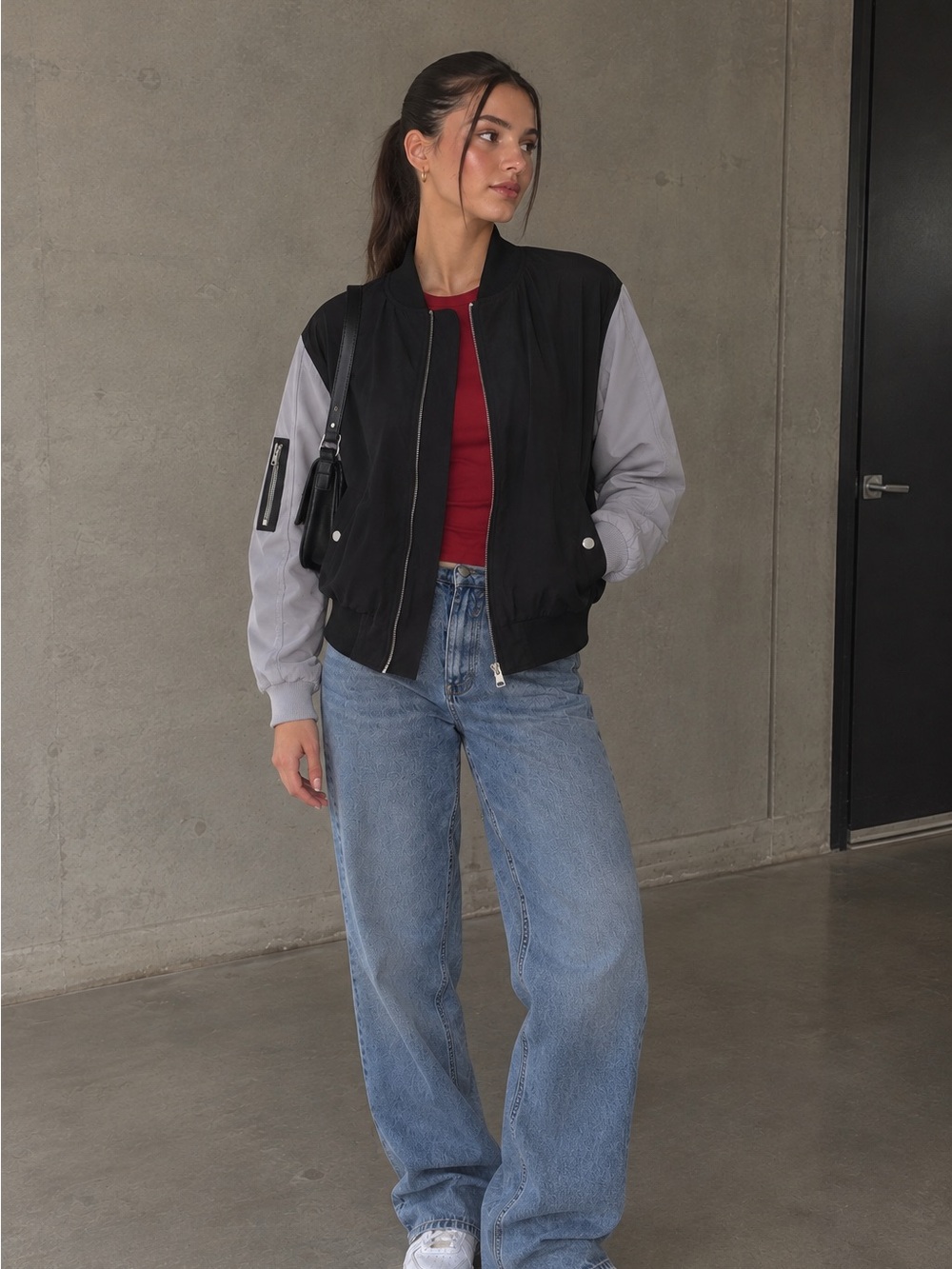 Women's Two-Tone Bomber Jacket- Black with Light Gray Sleeves